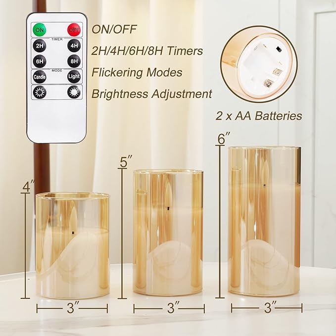 Homemory Amber Glass Flameless Candles, Battery Operated LED Pillar Candles with Remote Control and Timer, Radiance Candles, Real Wax, Set of 3,D3 xH4 5" 6"
