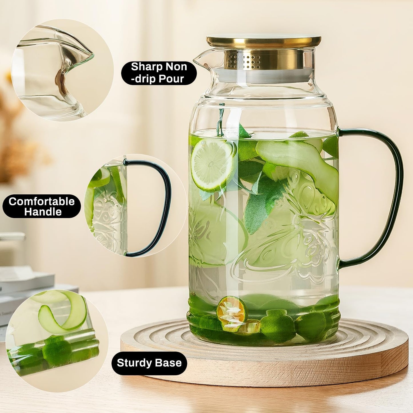 Glass Pitcher with Lid and Handle, 2 PACK 68 oz/2 Liter Vintage Butterfly Design Fridge Water Pitcher, Borosilicate Glass Water Carafe for Hot/Cold Water,Coffee,Iced Sun Tea,Heat Resistant