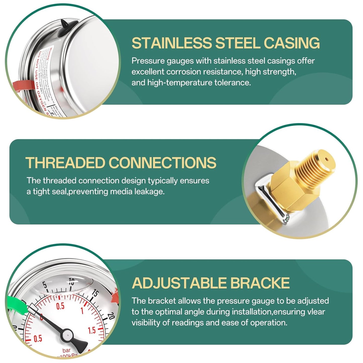 -30inHG-30PSI Stainless Steel Liquid Filled Pressure Gauge, 2.5" Dial Size, 1/8" NPT Back Mount, for Tube, Water Pump, Gas, Liquid, Pressure Test (with Range Mark Pointer)