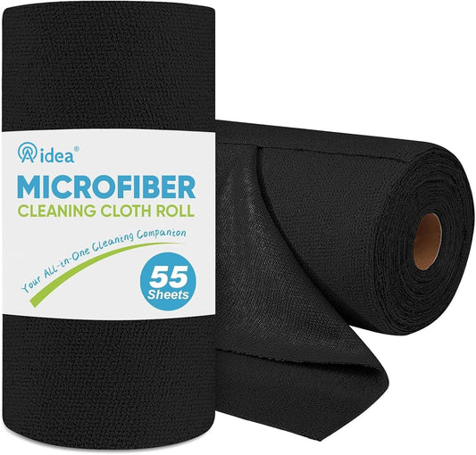 AIDEA Microfiber Cleaning Cloth Roll 55 Sheets, Black Microfiber Towels for Cars, Shop Rags Washable, Cleaning Rags Reusable Paper Towels for Automotive, Workshops, House, Cleaning Supplies 11×9"