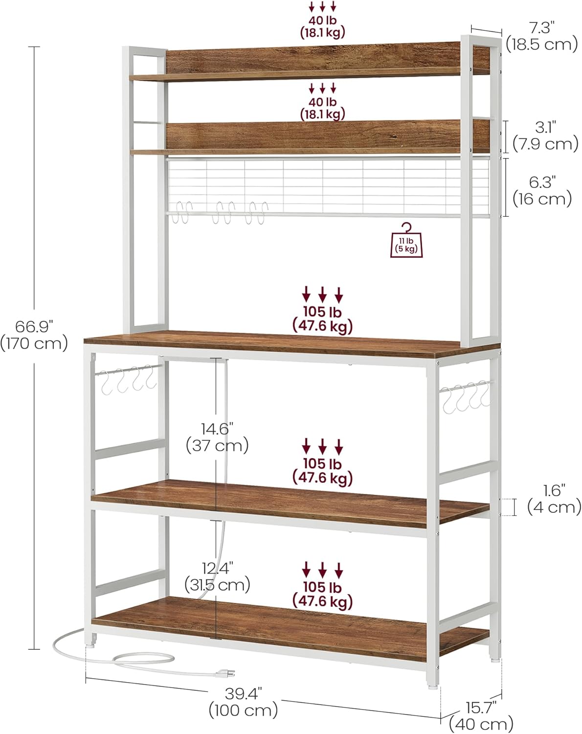 VASAGLE Hutch Bakers Rack with Power Outlet, 14 Hooks Microwave Stand, Adjustable Coffee Bar with Metal Wire Panel, Kitchen Storage Shelf, 15.7 x 39.4 x 66.9 Inches, Rustic Walnut and White UKKS038W41