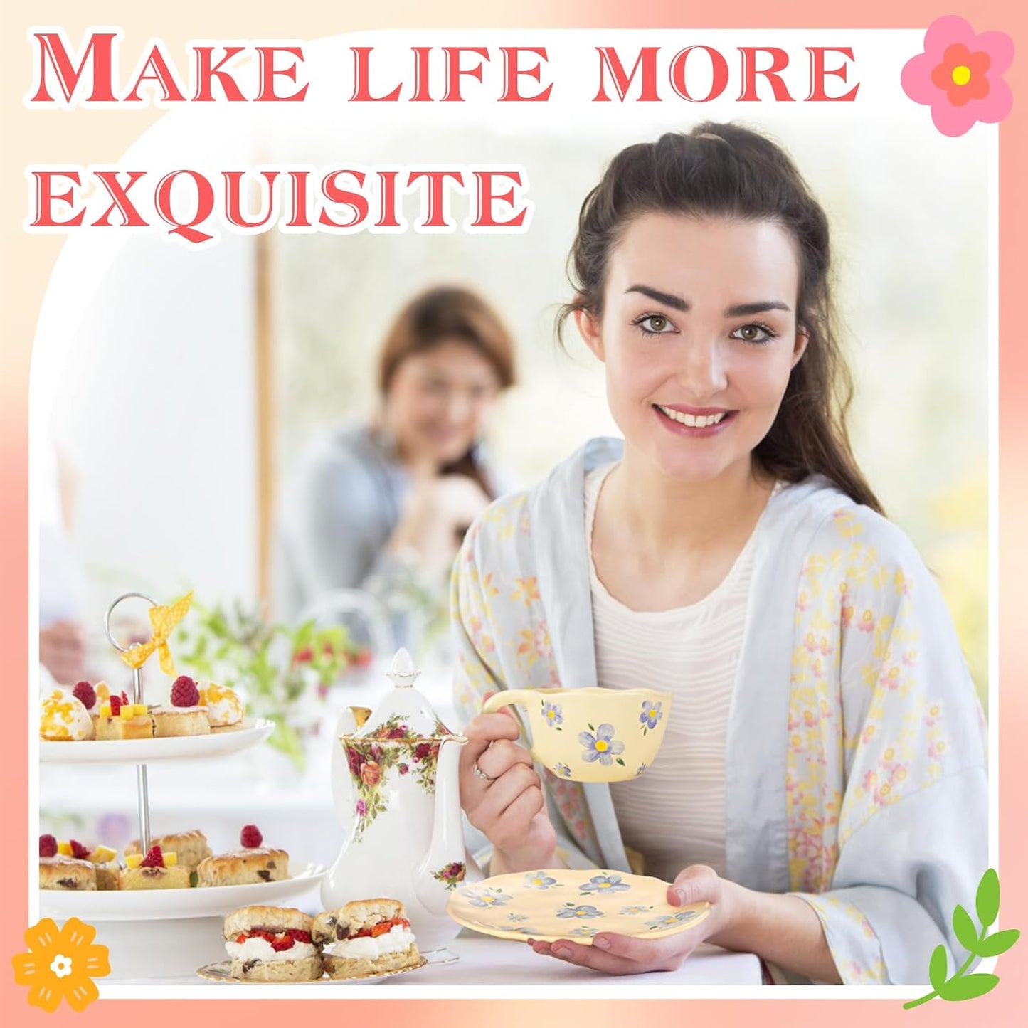 Cappuccino Cups with Saucers 8 oz Latte Art Cup Ceramics Coffee Mugs Irregular Aesthetic Flower Cups for Espresso, Double Shot, Americano, Latte, Tea - Microwave and Dishwasher Safe (Blue Flowers)