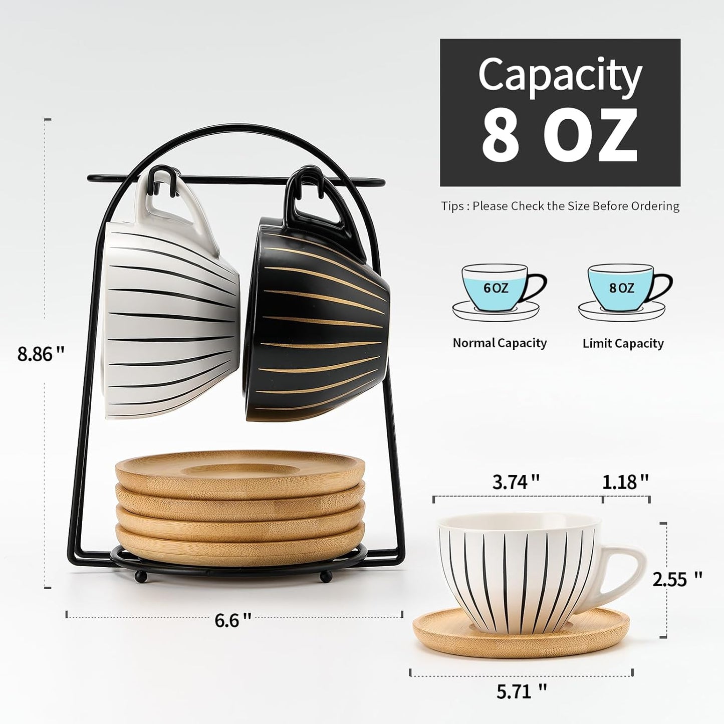 LUKA Ceramic Demitasse Espresso Cups Set with Saucers and Metal Stand, 8 oz Porcelain Cappuccino Cups Teacup For Tea, Espresso, Latte, Coffee, Cafe Mocha, Set of 4, Stripe White & Black