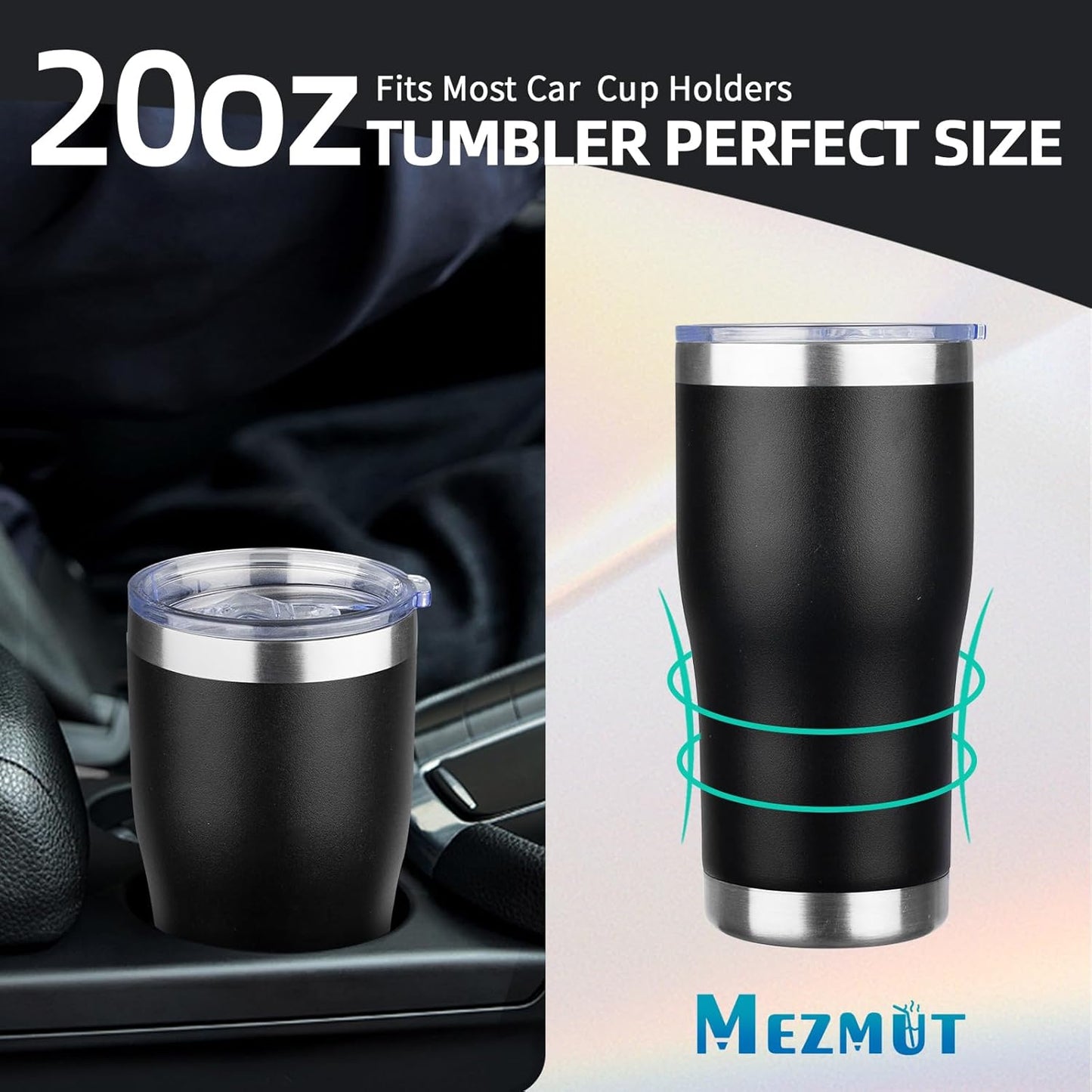MEZMUT 4 Pack 20oz Insulated Coffee Tumbler with Lid and Straw Double Wall Vacuum Insulated Cup Stainless Steel Travel Mugs Leakproof Powder Coated Tumbler for Indoor Outdoor(Black)