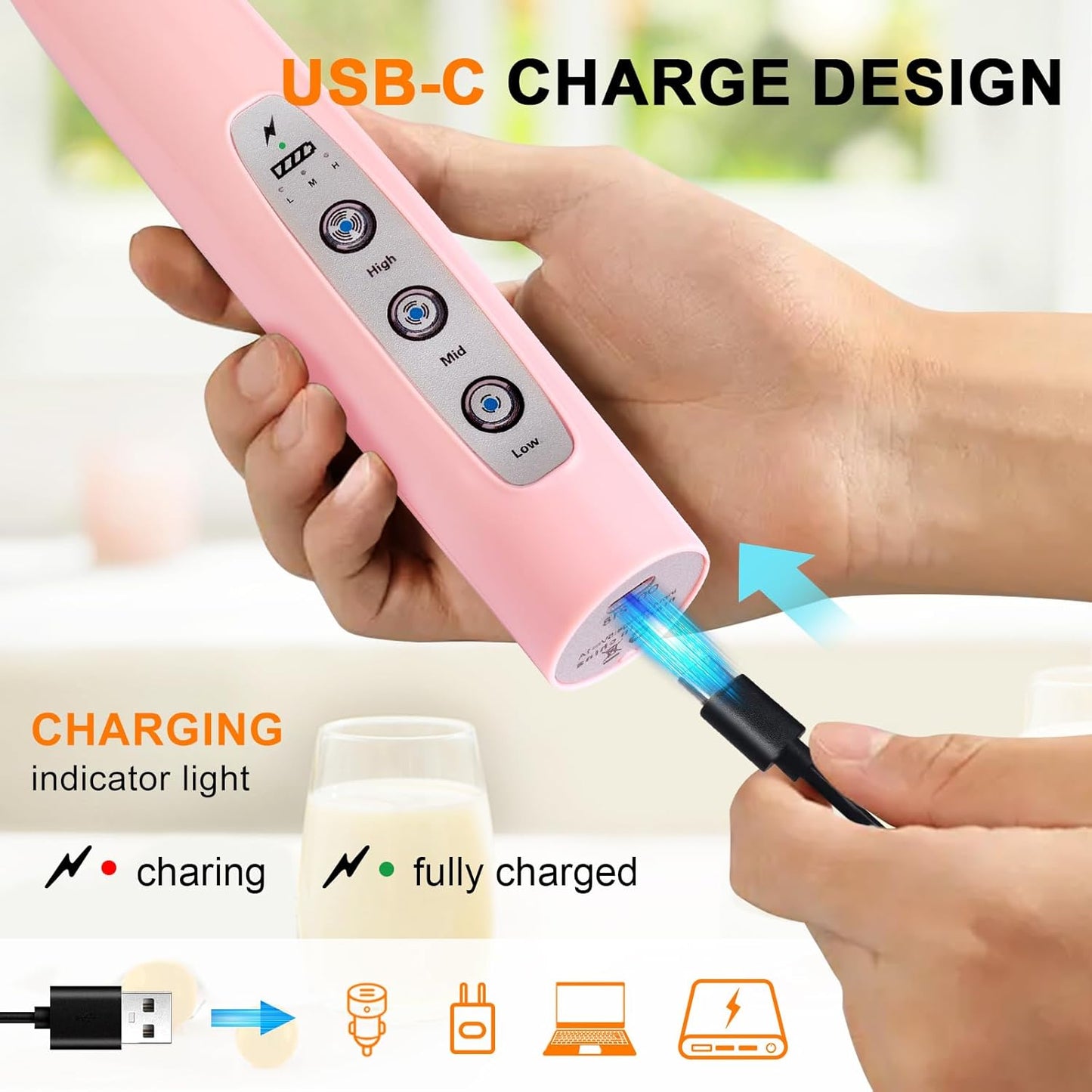 YUSWKO Pink Handheld Milk Frother Wand with Stand for Coffee, Rechargeable Electric Whisk with 3 Heads 3 Speeds Drink Mixer Coffee Frother For Latte, Cappuccino, Hot Chocolate, Egg