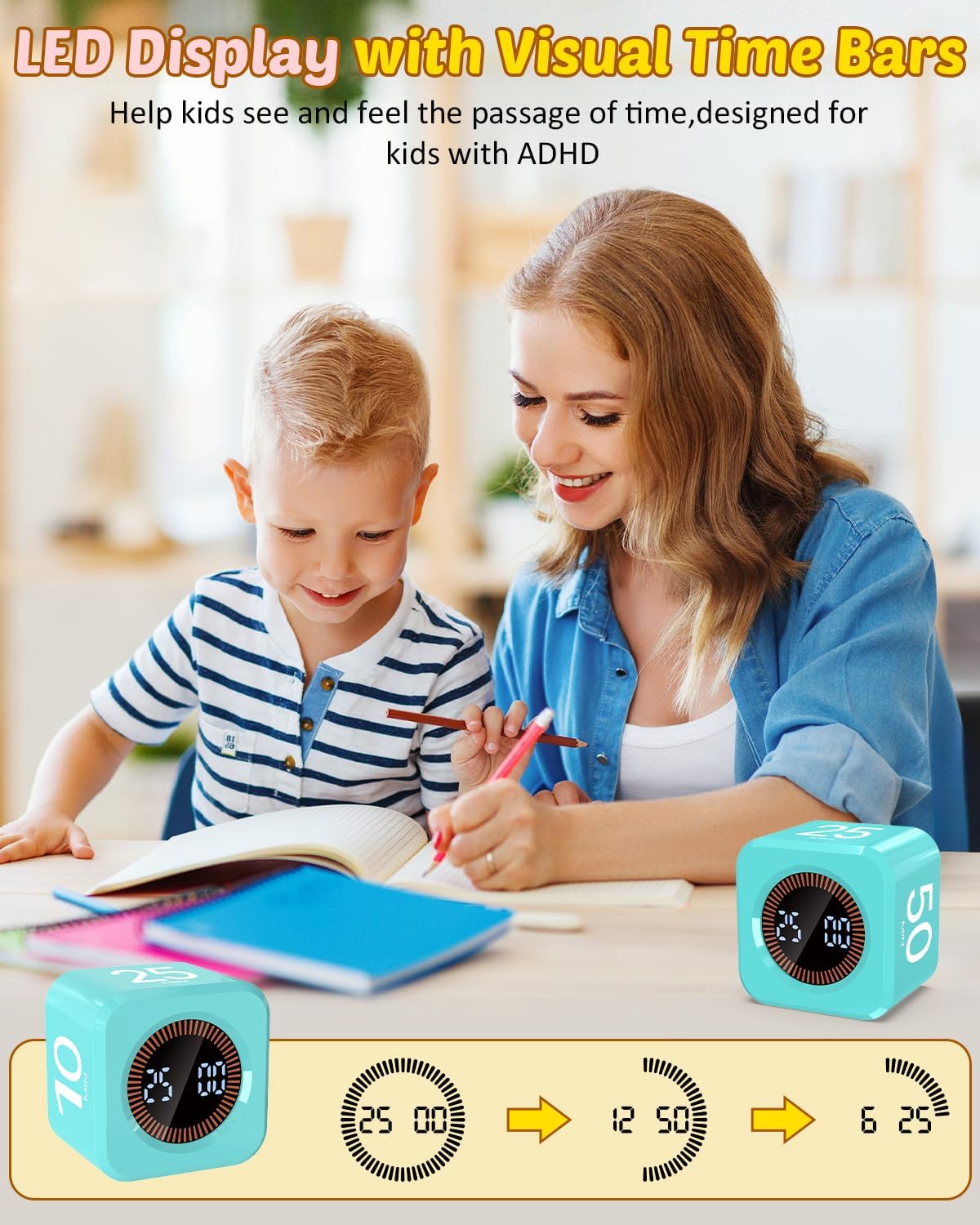 Pomodoro Timer Cube Visual Productivity Flip Timer for Kids Classroom Desk, 5/10/25/50min& Custom Countdown, Silent&Sound Mode Digital Cube for ADHD Study Work School Game Kitchen (Mint Green)