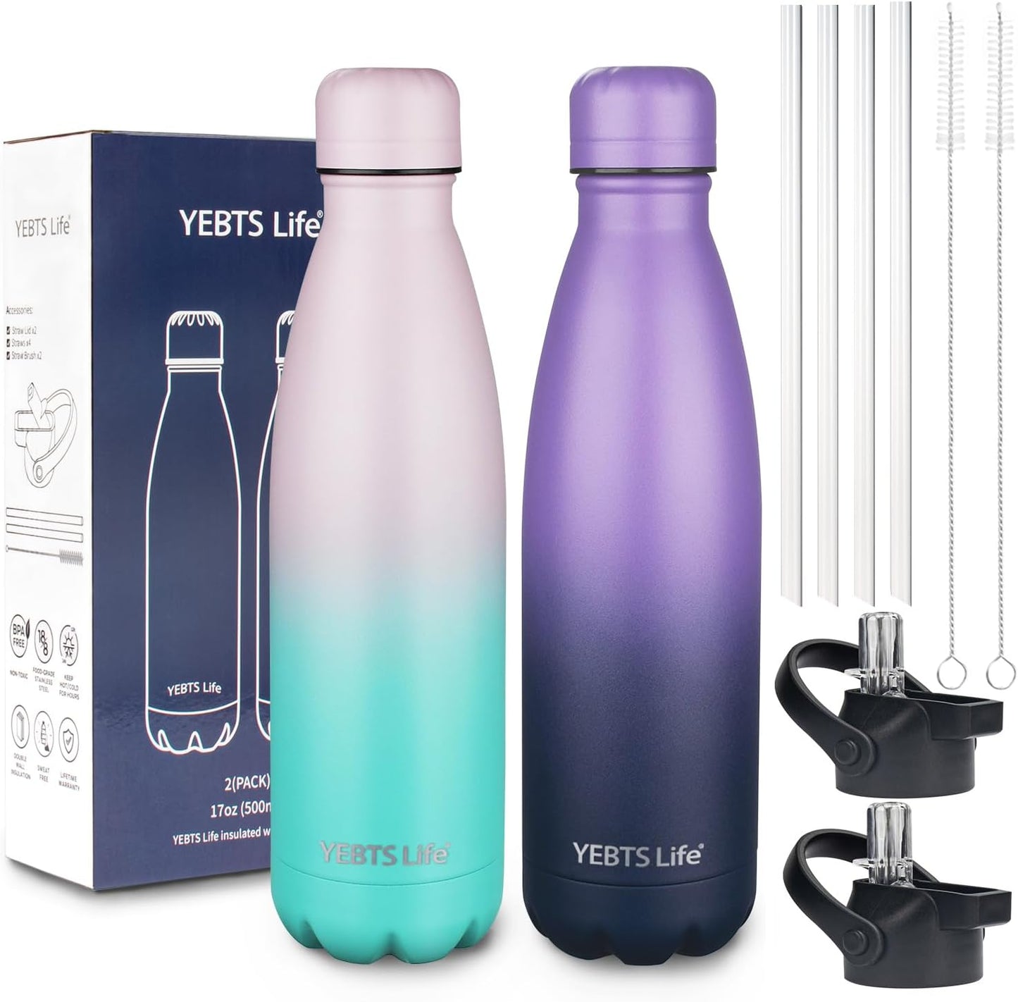 Insulated Water Bottle, 2 Pack-17oz Stainless Steel Water Bottles with straw lid, Metal Sports Water Bottles for Boys,Girls, Double Wall Vacuum BPA-Free Flask for School, Sports (Purple-Oasis)