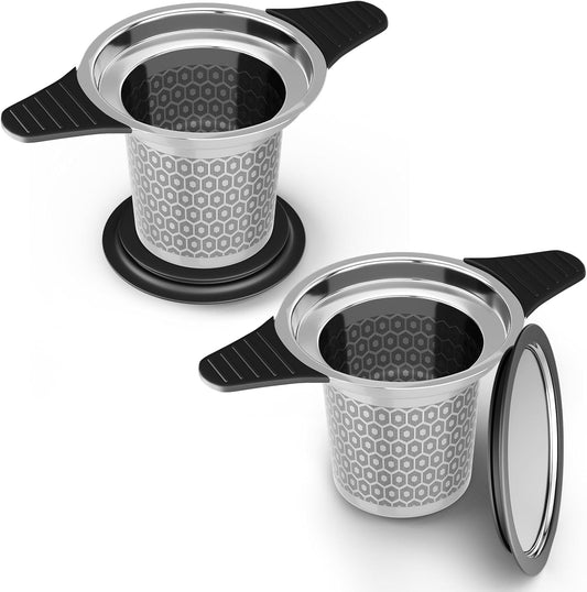 Reinmoson 2 Pack Extra Fine Mesh Tea Strainers for Loose Tea Single Cup, 304 Stainless Steel and Food Grade Silicone Loose Leaf Tea Steeper Tea Strainers & Filters for Black Tea, Coffee, Rooibos, etc