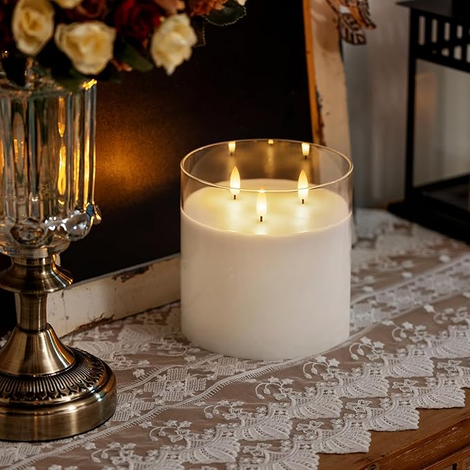 Homemory 6X6'' Extra Large Flameless Candle with 3 Wicks, Glass LED Pillar Candle, Real Wax Battery Operated Candle with Remote Control and Timer, Pure White