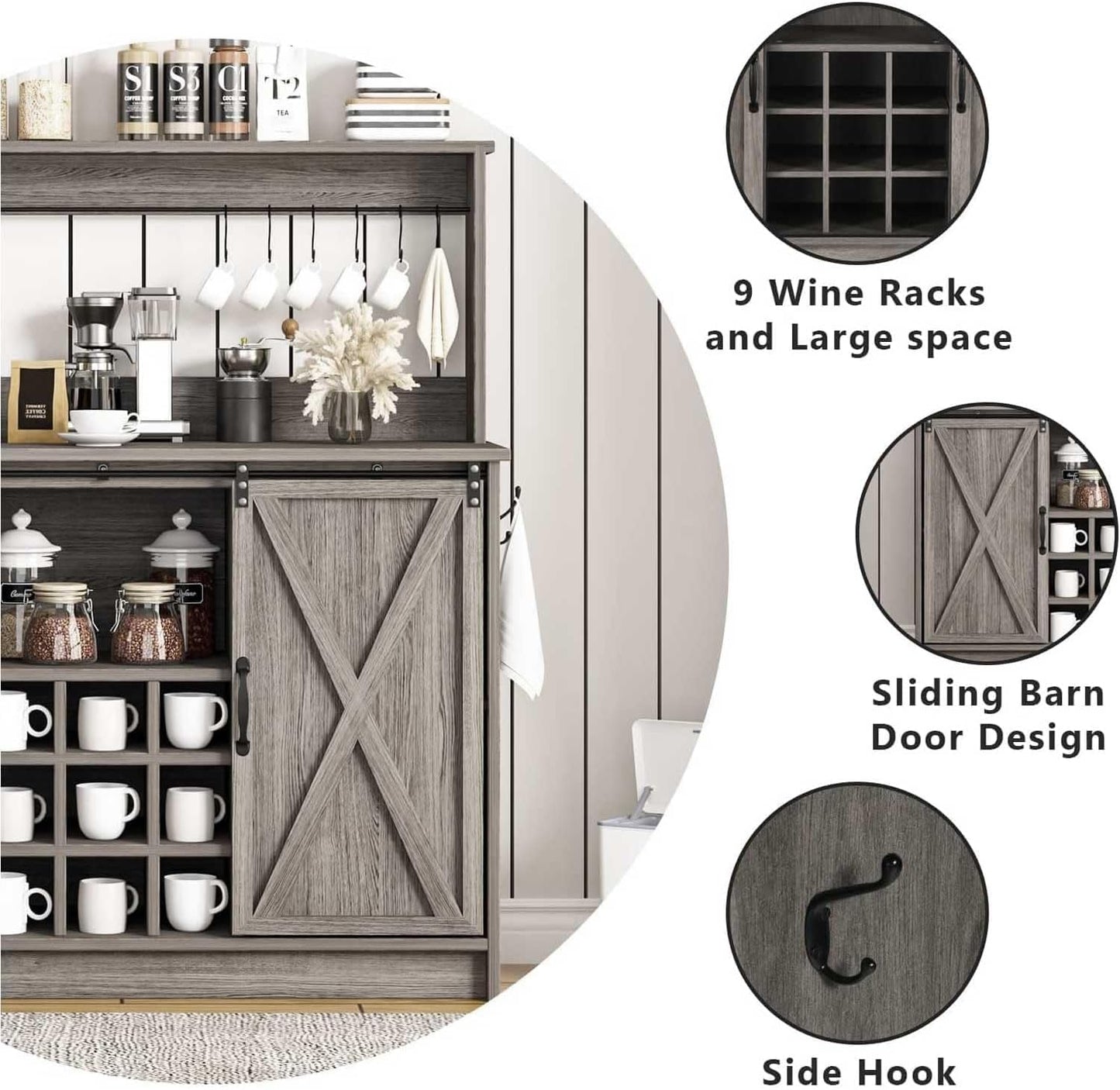 4ever2buy Farmhouse Coffee Bar Cabinet with Hutch, 47 Inch Wine Bar with Storage, Buffet Cabinet with Adjustable Shelves & 9 Wine Racks, Kitchen Buffet Cabinet for Dining Living Room, Grey