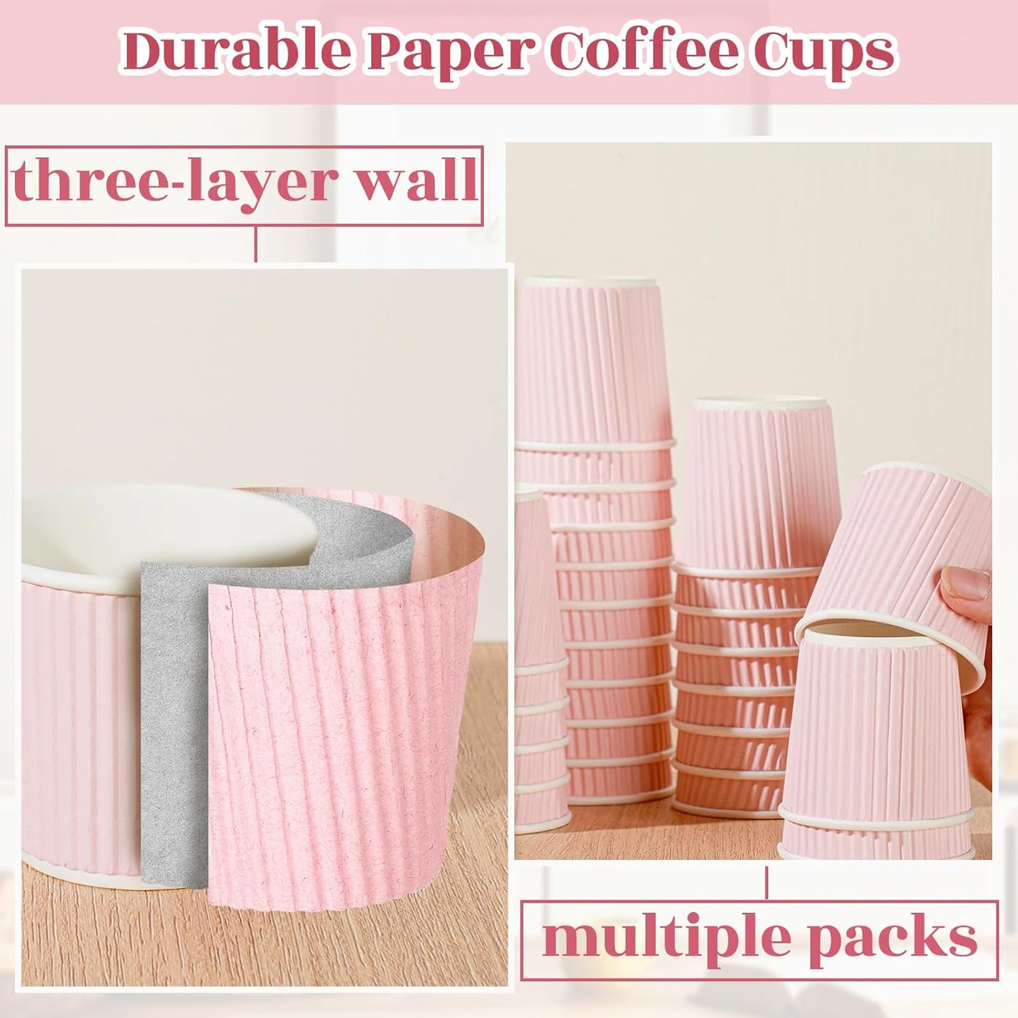 Yaomiao 200 Pcs 4 oz Disposable Espresso Coffee Cups Ripple Corrugated Paper Insulated Hot Cups for Party Cold Drinks Hot Beverage Tea(Pink)