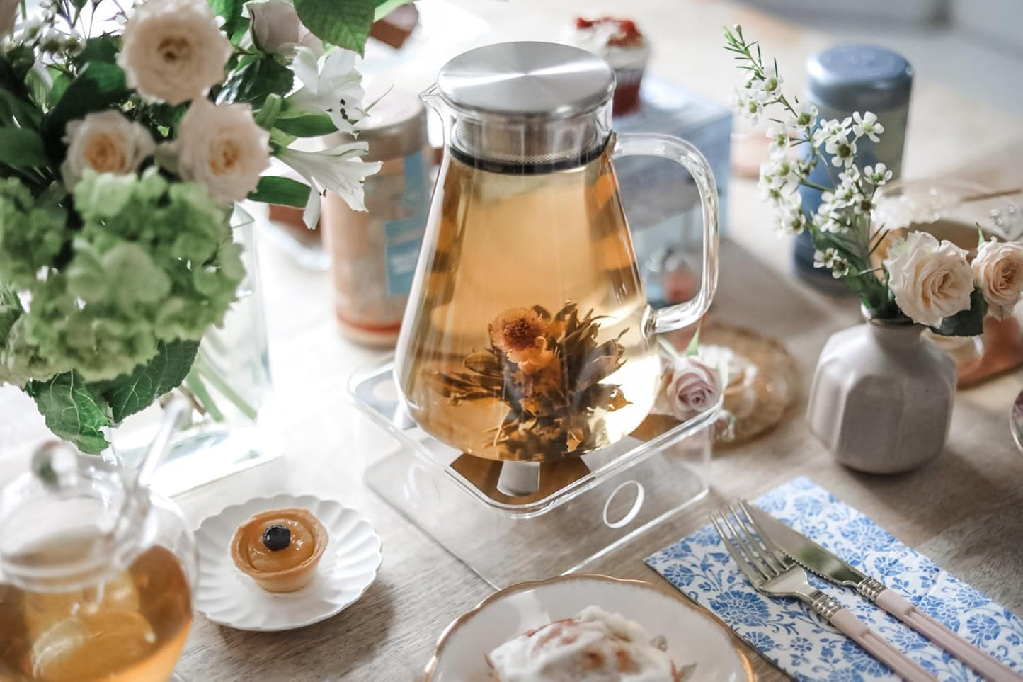 Teabloom One-Touch Tea Maker, 2-in-1 Teapot and Kettle with Stainless Steel Filter Lid for Loose Tea – Stain-free Borosilicate Glass Teapot (40 Oz) – Tea Connoisseur's Choice