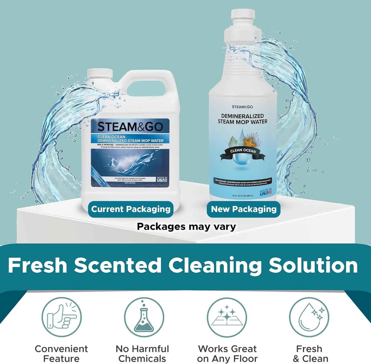 Steam & Go Demineralized Water - Multisurface Cleaner, PVC-Free Ready-to-Use for Mops & Floor Steamers - Ideal for Kitchen, Bathroom, & Home Surfaces - Clean Ocean Scent - 32oz (Pack of 1)