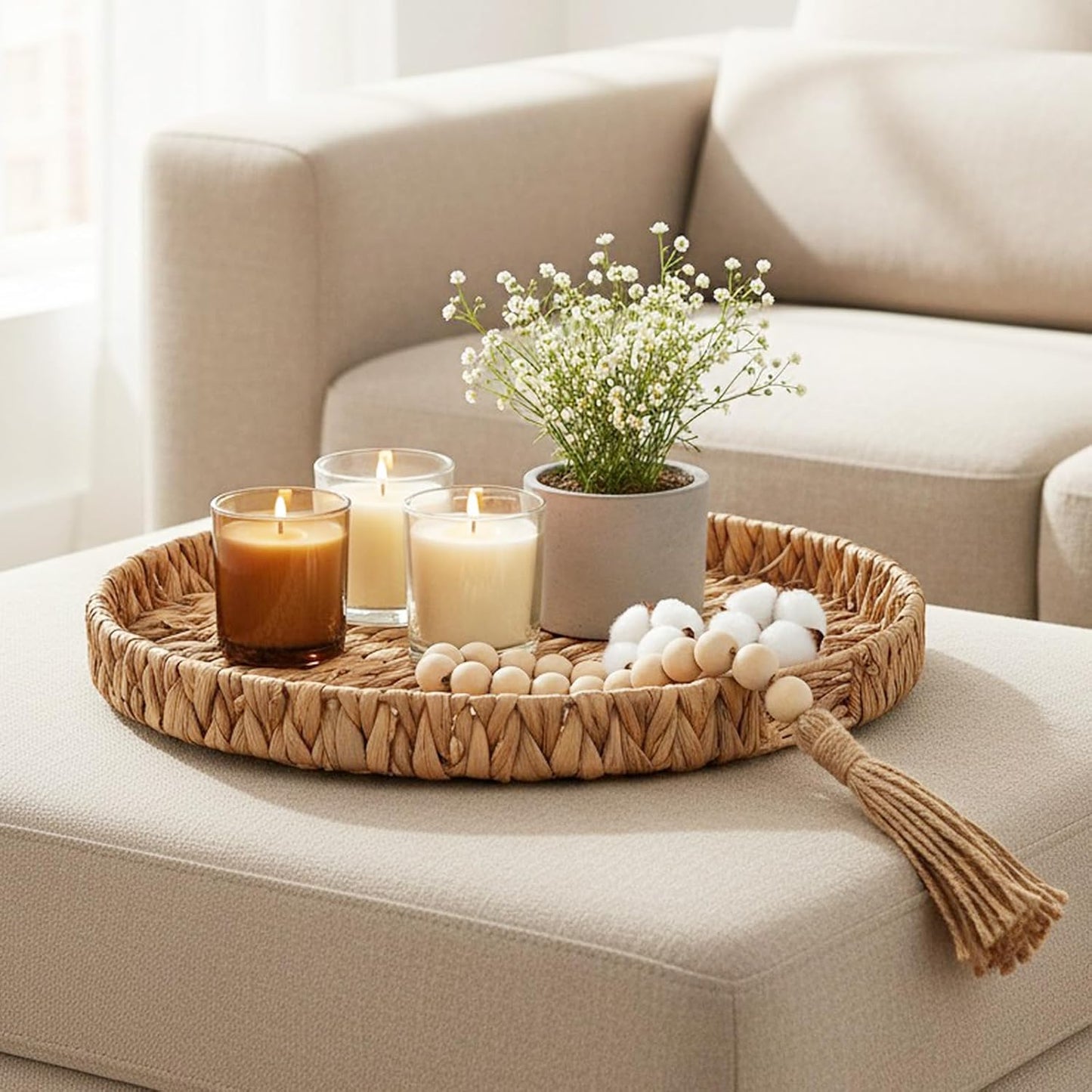 Round Ottoman Tray Large Wicker Serving Tray with Handles for Coffee Table, 18 Inch Handwoven Natural Water Hyacinth Tray