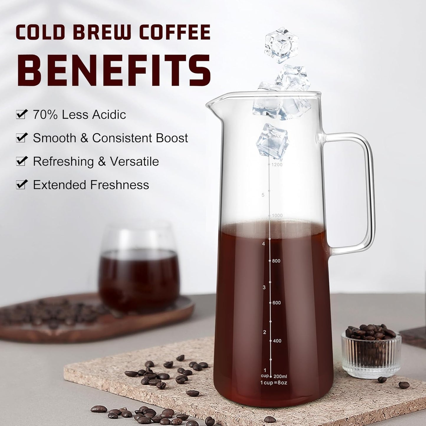 Cold Brew Coffee Maker, 1.4L/48oz Slim Borosilicate Glass Pitcher with Stainless Steel Filter, Fit Fridge Door, Dishwasher Safe & Airtight Lid, Mannual Included, Iced Tea & Fruit Infuser