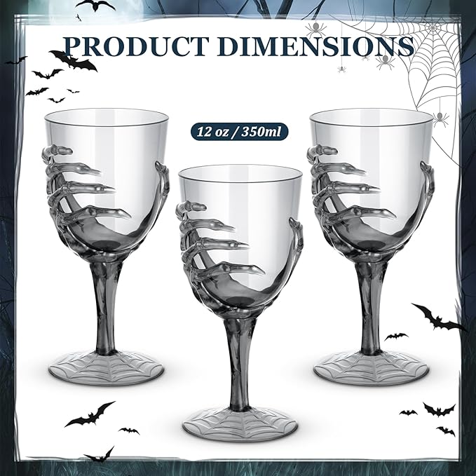 Dandat 12 Pcs Halloween Skeleton Hand Goblets 12oz Clear Plastic Halloween Cups Skull Wine Glass Set for Creepy Spooky Party Decorations (Black)
