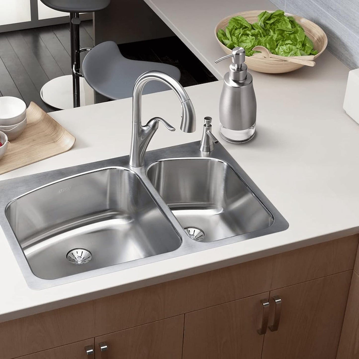 Non-Slip Soap Dispenser with Brushed Nickel Stainless Steel Case, Glass Liner, and Hand Pump for Kitchen/Bathroom. Refillable Liquid Soap Dispenser, 11oz/320ml Capacity.