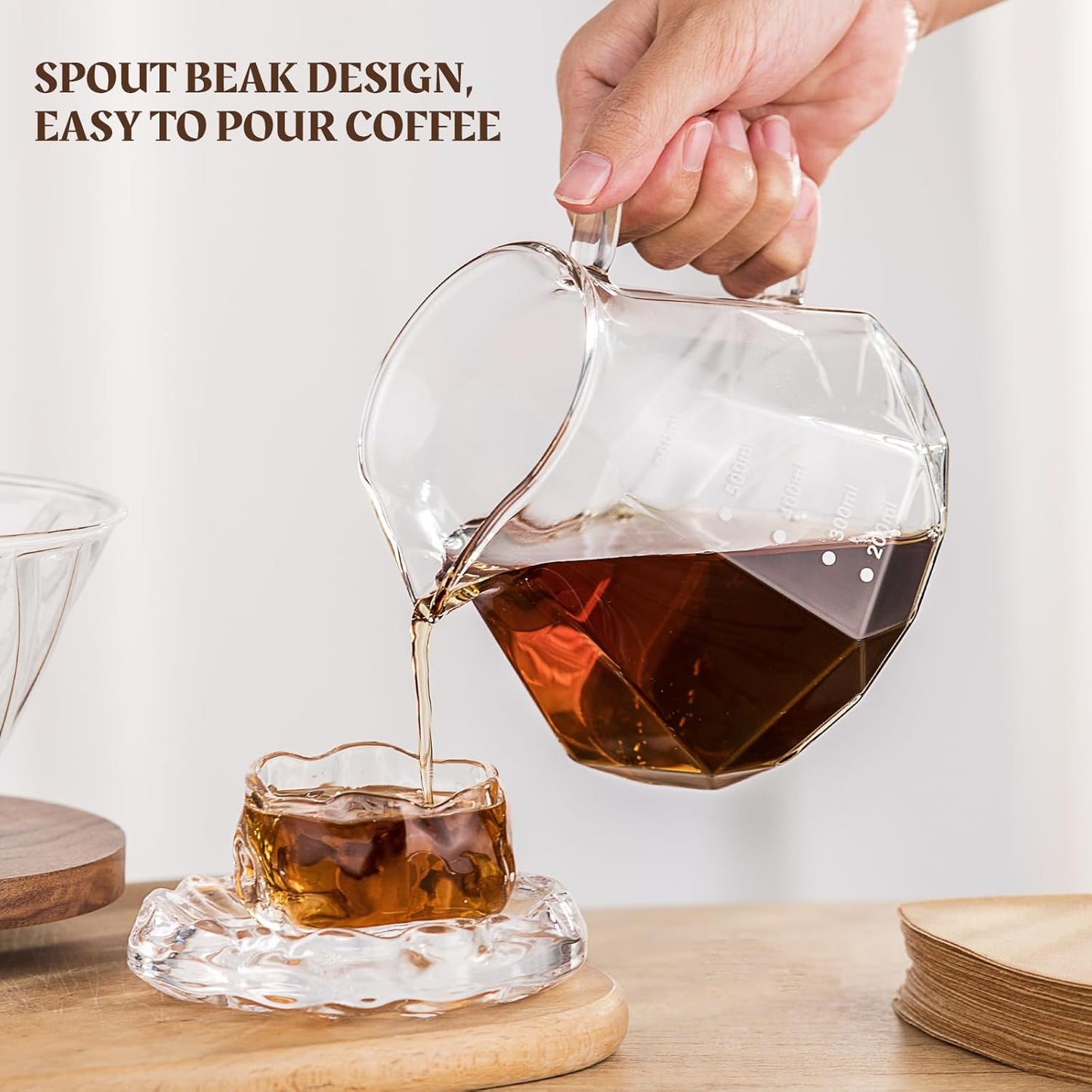 Pour Over Coffee Maker Set – Drip Coffee Pot with Walnut Handle, Glass Coffee Dripper & 100 Filters, 20oz/600ml Capacity