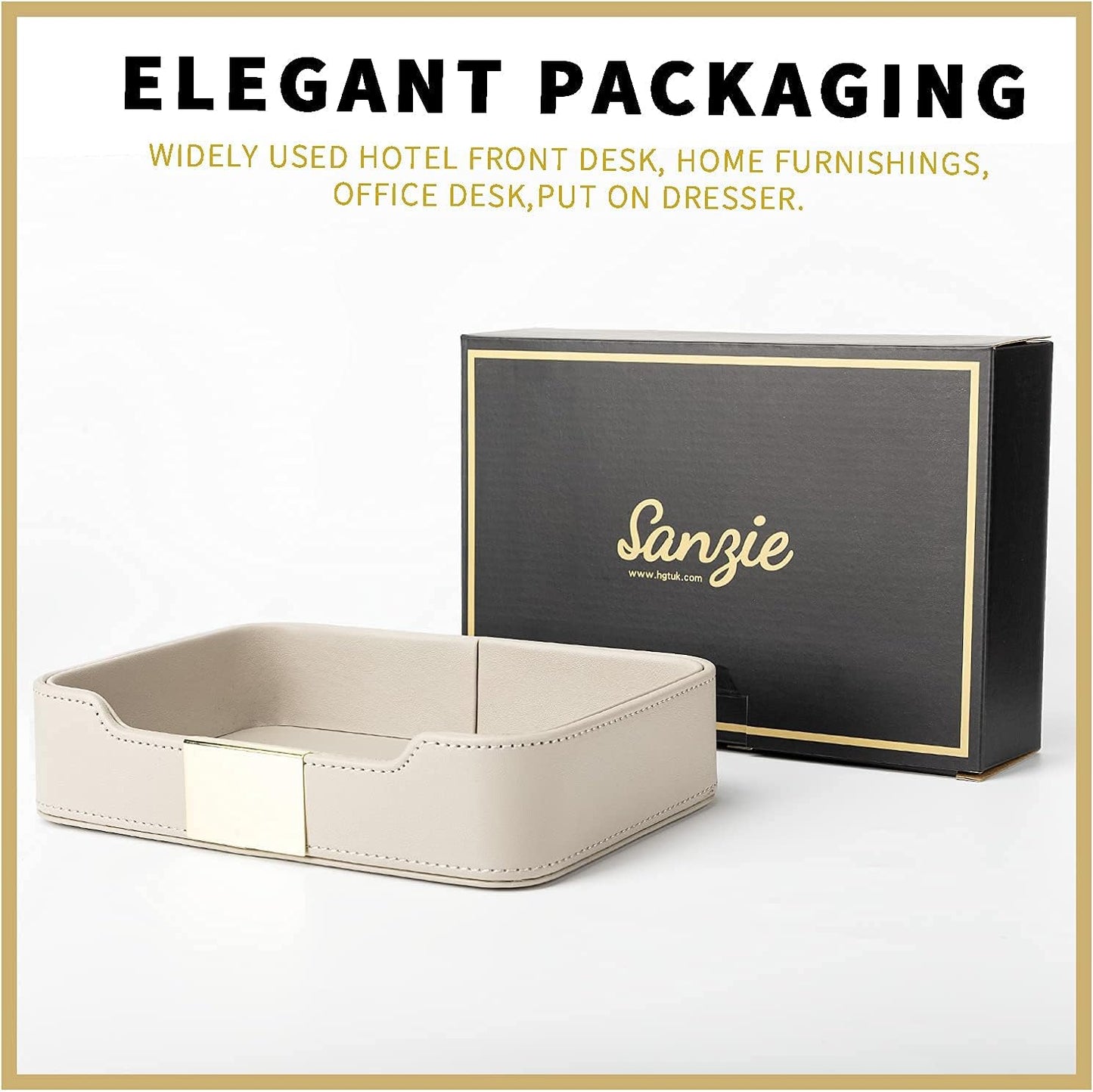 SANZIE Luxury Leather Tray Desktop Storage Catchall Organizer Decorative Tray for Entryway Table to Hold Jewelry Watch Keys Phone Wallet (Metal Glided, Grey)