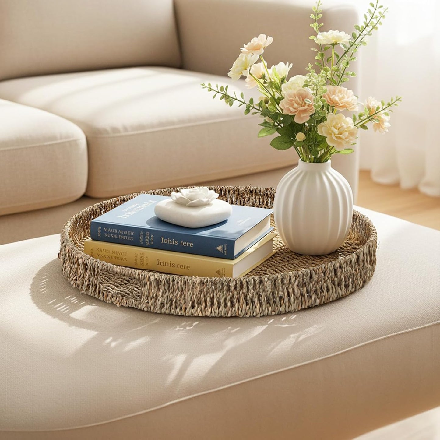 Round Ottoman Tray Large Wicker Serving Tray with Handles for Coffee Table, 16 Inch Handwoven Natural Seagrass Tray