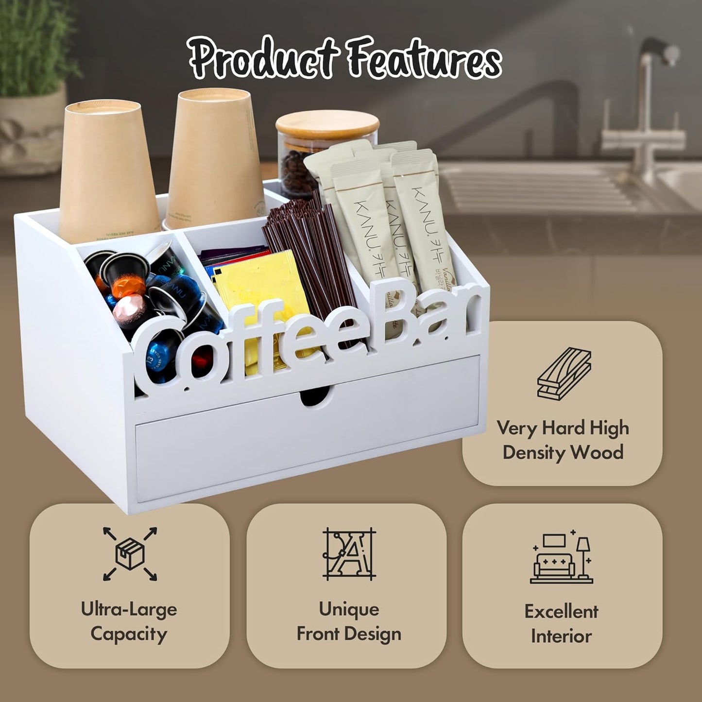 Coffee Bar Organizer for Countertop – Wooden Coffee Station with Black Drawer, Tea and K Cup Storage Rack, Coffee Pod Holder for Home and Office Counter Organization (Drawer - White)