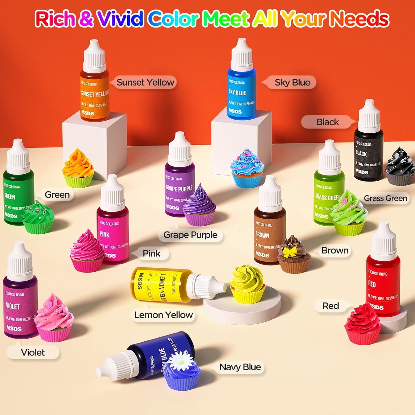 Food Coloring Liquid Set - 12 Vibrant Color Food Grade, Food Coloring Gel Concentrated Neon Icing Colors for Cake Decorating, Baking, Easter Egg, Icing, Fondant, Cooking, Slime Making DIY Supplies Kit - 0.35 Fl. oz (10 ml)/Bottles