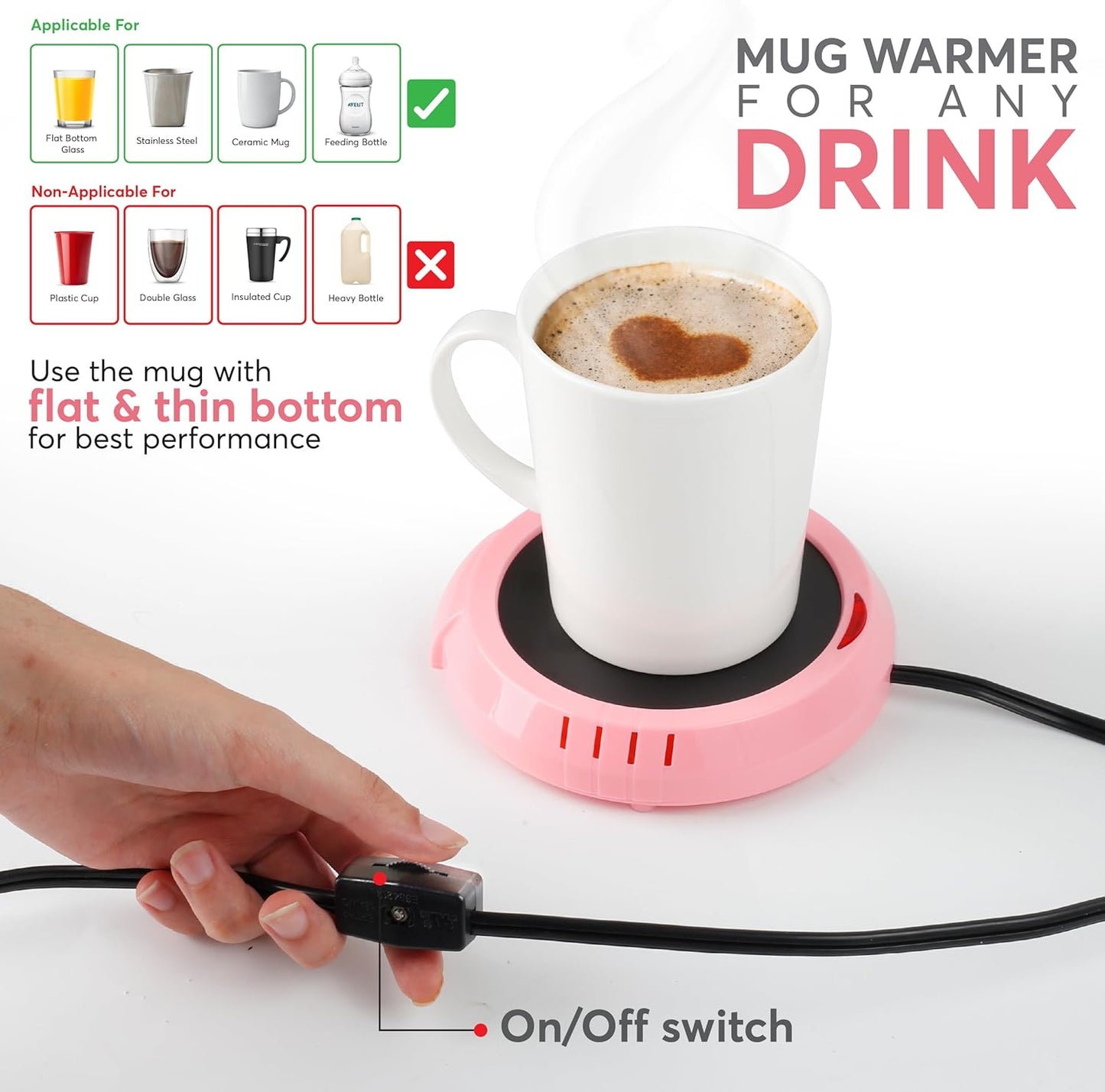 Large Candle Warmer Plate Safely Releases Scents Without a Flame - Used as Candle Jar Warmer, Coffee Warmer, Mug Warmer, Cup Warmer, Tea Warmer Desk in Your Home & Office, 1 Pack, Pink