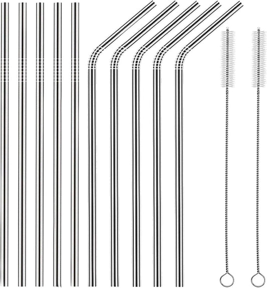 Set of 10 Stainless Steel Straws, HuaQi Bent Reusable Drinking Straws 10.5'' Long 0.24‘’ Dia for 30 oz Tumbler and 20 oz Tumbler, 2 Cleaning Brush Included