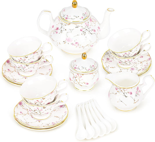 fanquare 21-Piece Gold Vine Floral Porcelain Tea Sets with Sugar Bowl Creamer Teacups, English Bone China Tea Service for Women TeaParty Family Gathering Home Décor
