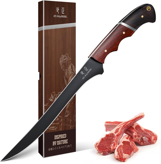 Boning Knife 7 inch - Brisket Trimming Knives for Meat Cutting, Black Butcher Slicing Knives with Full Tang Handle, Kitchen Fillet Knife for Birthday Dad Mom Gift