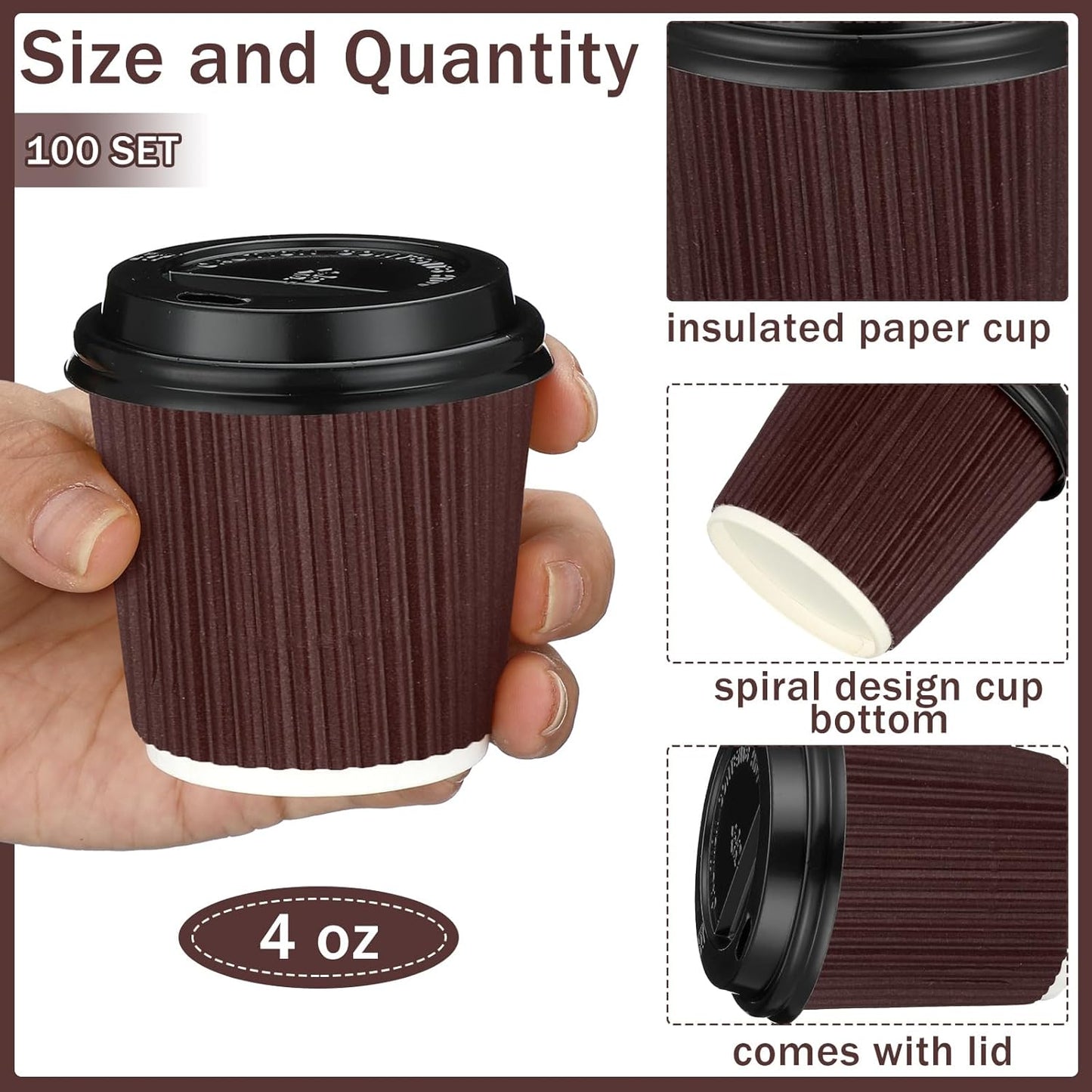 Uiifan 100 Set 4oz Disposable Espresso Cups with Lids Ripple Corrugated Paper Disposable Coffee Insulated Hot Ripple Cups for hot Chocolate, Tea, and Cocoa Drinks (Coffee Color)