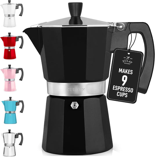 Zulay Moka Pot Espresso Stovetop Coffee Maker - Leak-Proof, Stainless Steel, Easy to Clean, Heat Resistant Handle & Knob - for Authentic Cuban & Italian Style Espresso - Makes 9 Espresso Cups - Black