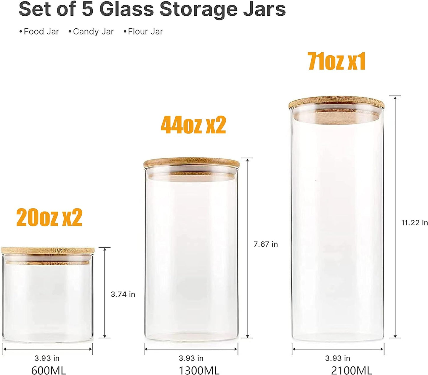 YUNCANG Glass Storage Jars [Set of 5],Clear Glass Food Storage Containers with Airtight Bamboo Lid Stackable Kitchen Canisters for Candy,Cookie,Rice,Sugar,Flour,Pasta,Nuts and Spice Jars
