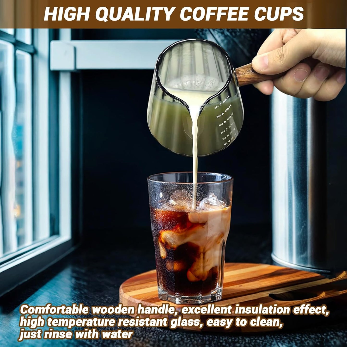 Espresso Measuring Cup 6 Oz, Espresso Glass Cups with Wood Handle, Milk Frothing Cup, Espresso Cup for Coffee, Milk, Tea or Maple Syrup Serving