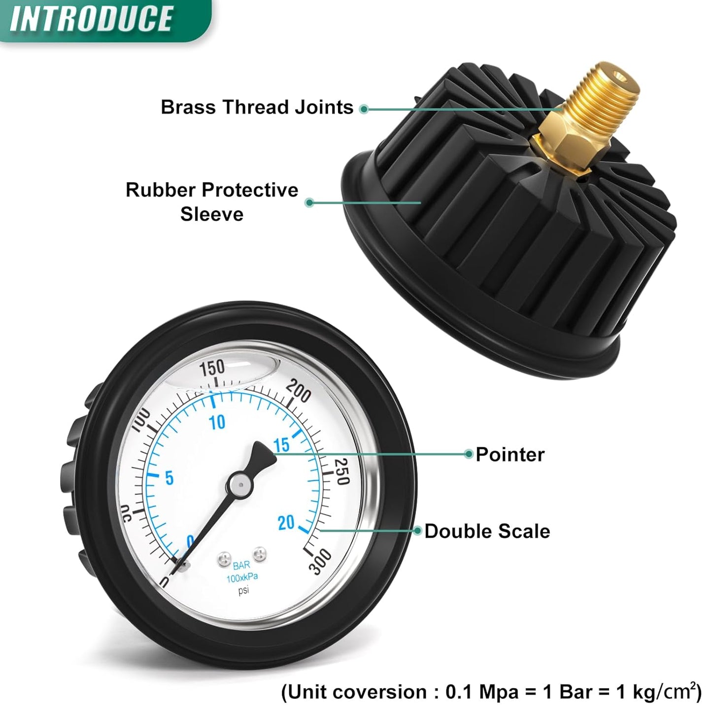 0-300PSI Stainless Steel Liquid Filled Pressure Gauge, 2.5" Dial Size, 1/4" NPT Back Mount, with Rubber Protective Sleeve, for Tube, Water Pump, Gas, Liquid, Pressure Test