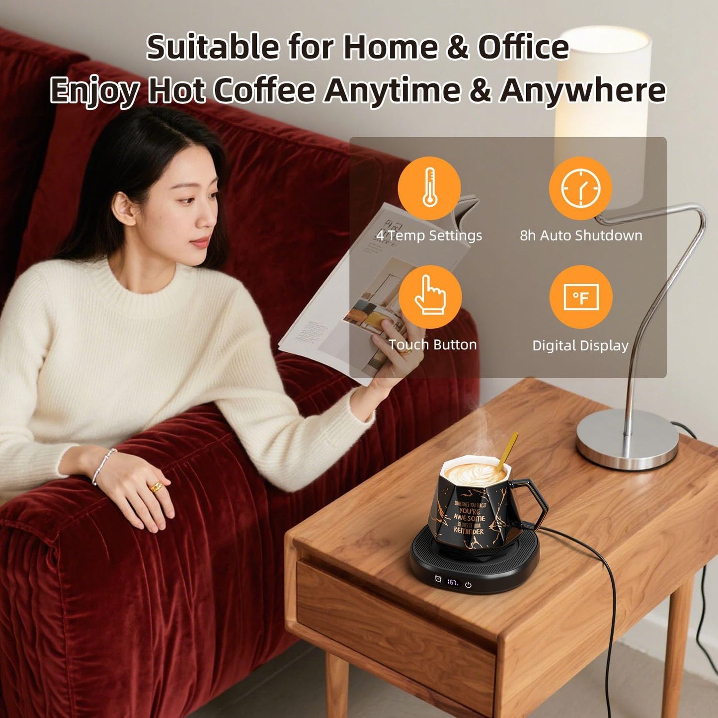 Coffee Mug Warmer & Awesome Diamond Mug Set, 8H Smart Auto Shut Off Electric Coffee Cup Warmer for Desk Office Home, 4 Temperature Setting Candle Heater Tea Beverage Coffee Warmer Plate for Women Men