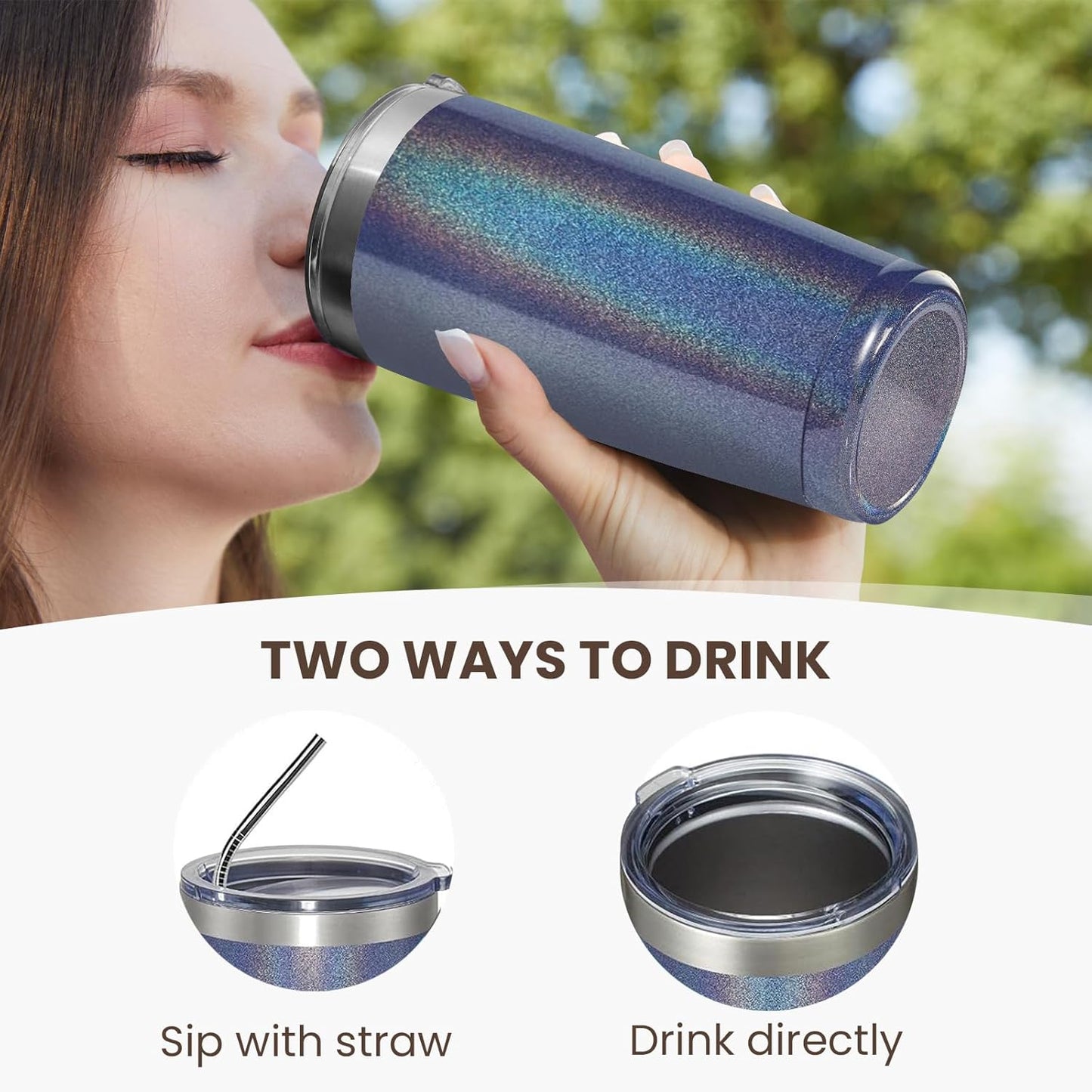 MEWAY 20oz Tumbler 4 Pack Double Wall Vacuum Insulated Travel Glitter Mug Bulk, Stainless Steel Tumblers with Lid and Straw, Powder Coated Coffee Cups for Woman(Rainbow Navy,Set of 4)