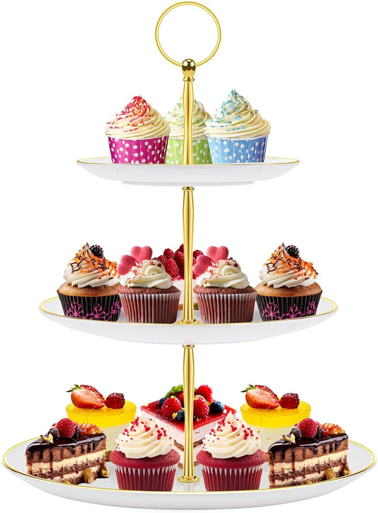 PinCute Cupcake Stand Holder - 3 Tier Cup Cake Dessert Tower, Plastic Tiered Serving Tray&Metal Rod for Birthday Party, Baby Shower and More