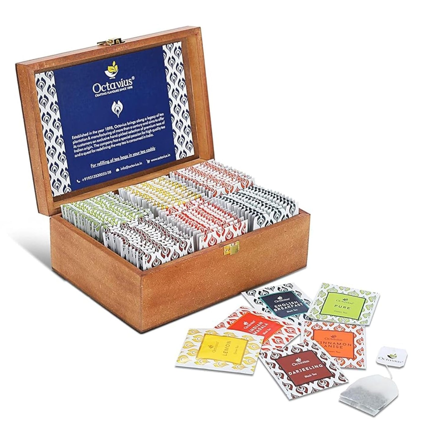 Octavius Gift's Select - Assorted Tea in Multi Design Printed Wooden Box | 6 Flavors, 90 Tea Bags | Black & Green Tea | Tea Gifts for Women & Men | Tea Variety Pack | Mothers Day Tea Gift Box