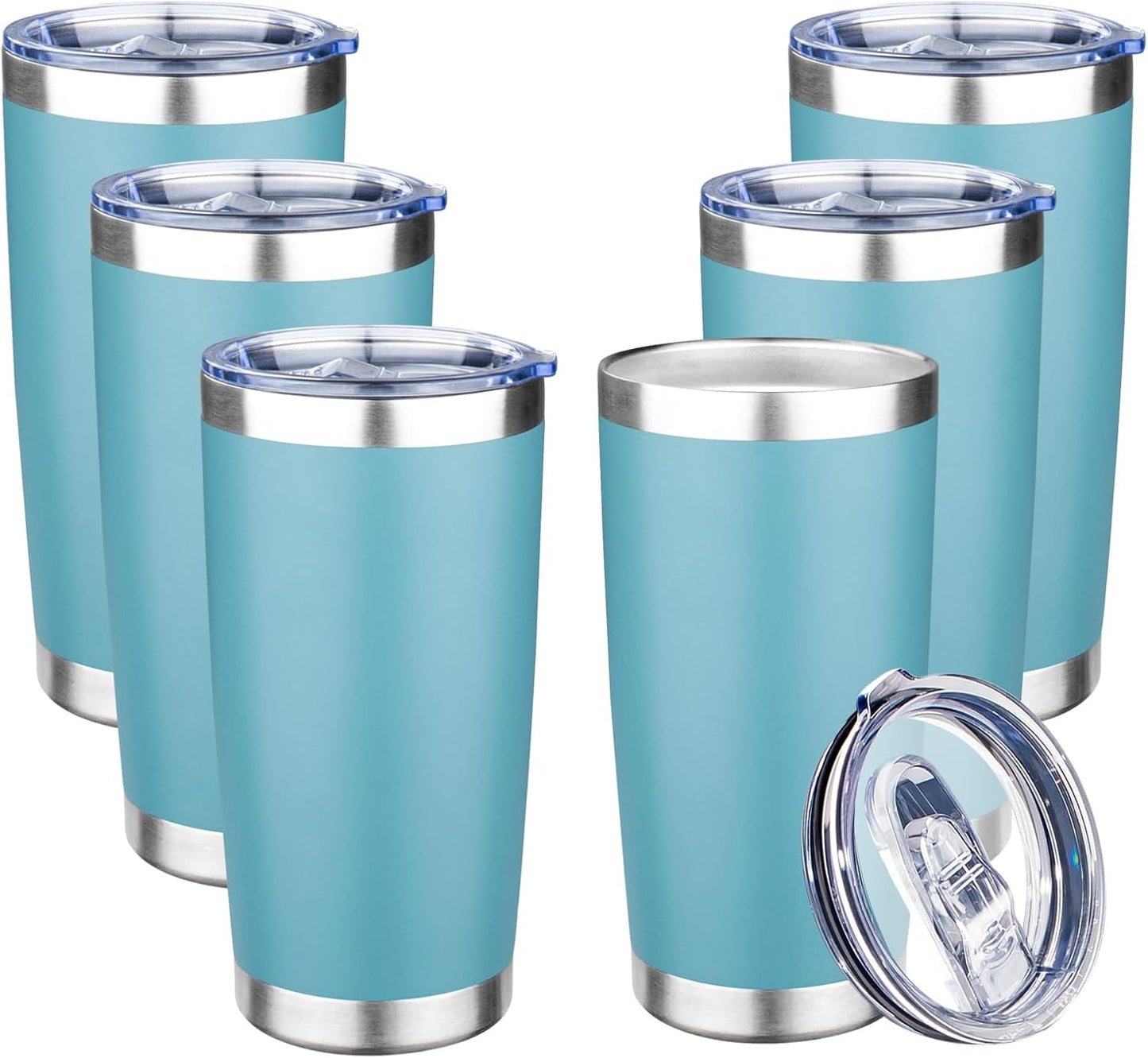 20oz Tumbler with Lid Double Wall Vacuum Insulated Travel Coffee Mug Stainless Steel Thermal Cup Powder Coated Sturdy Coffee Tumbler Bulk for Hot and Cold Beverage (Glacier blue,6)