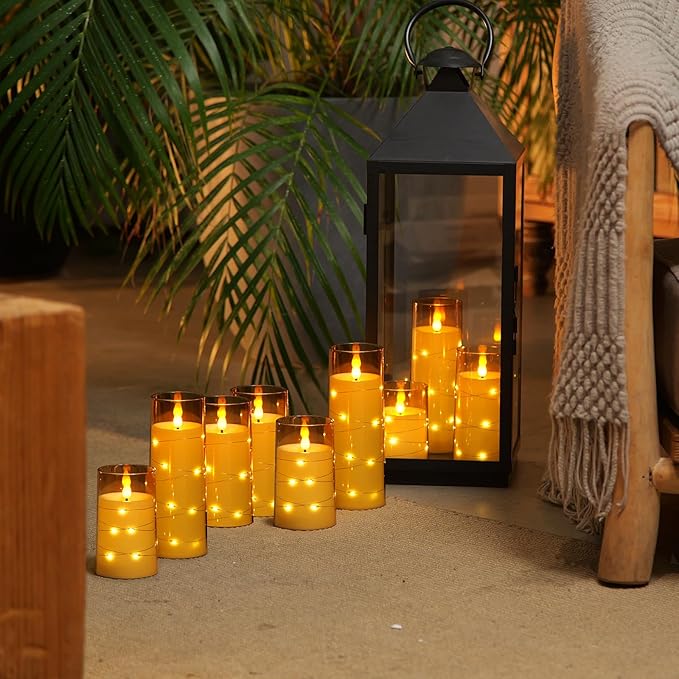 Homemory 9 Pcs Flameless Candles with Embedded Star String Fairy Lights, Battery Operated Candles, LED Candle, Fake Candles with Remote Control and Timer (Gold)