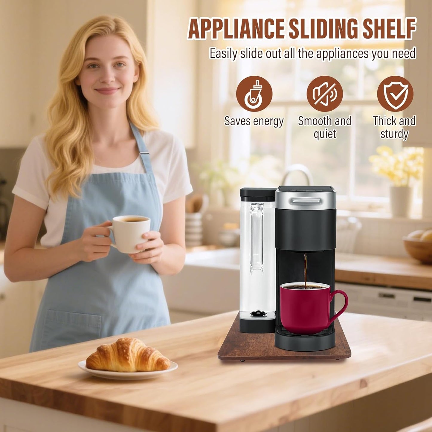 360° Appliance Slider Sliding Tray, Coffee Maker Rolling Tray for Counter Under Cabinet Coffee Pot Mat for Breville Ninja Espresso Machine, Toaster, Air Fryer, Quiet Wheels, Black (Small 13"×9.4")