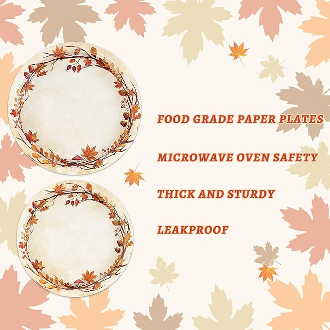 Homlouue 200 Pcs Fall Paper Plates and Napkins, Watercolor Disposable Dinnerware Set, Autumn Leaves Thanksgiving Party Supplies, Serve 50 Guests