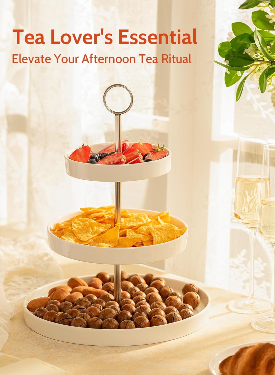 Sweese Porcelain 3-Tier Cupcake Stand - Elegant White Cake Stand for Desserts, Tiered Serving Tray for Parties, Weddings, Birthdays - Durable Stainless Steel Rods