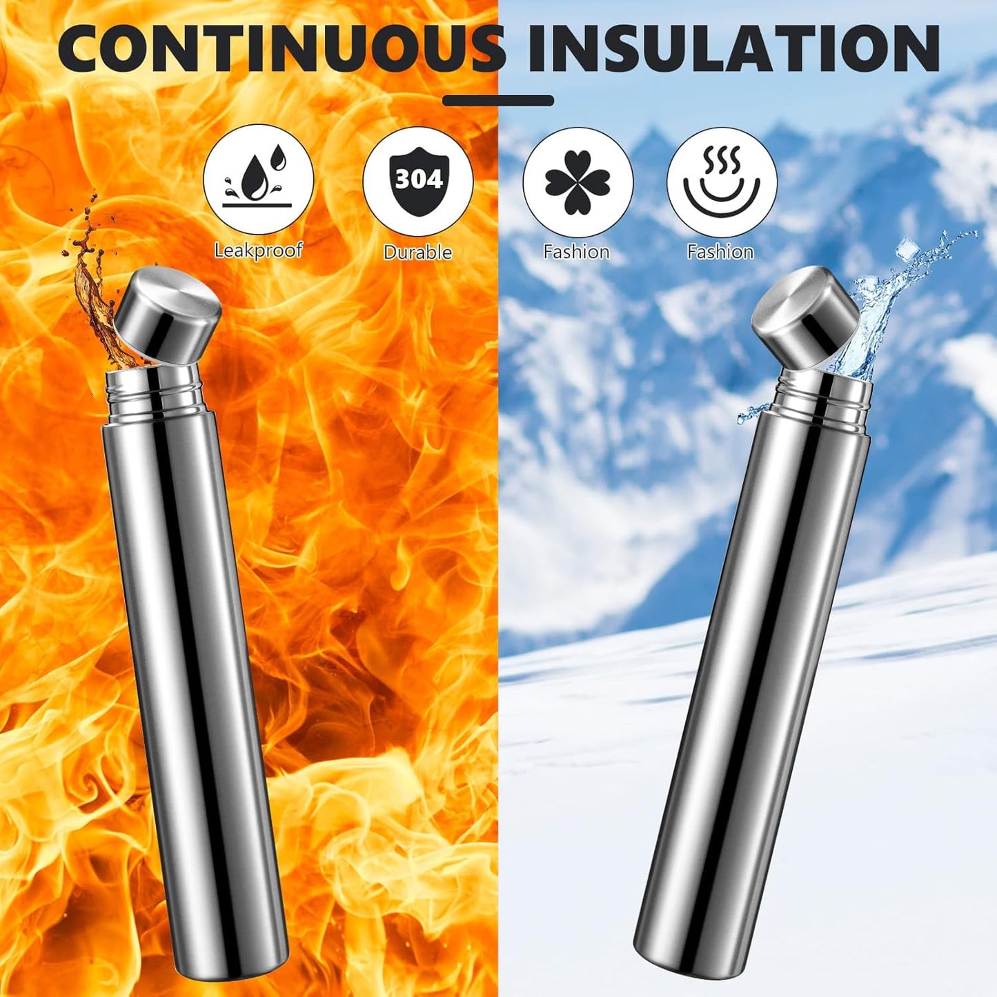 Vesici Slim Water Bottle 8.8 oz Small Stainless Steel Purse Compact Insulated Water Bottles Camping Travel Backpack Pocket Flask for Car Cold Coffee Tea(Silver,4 Pack)