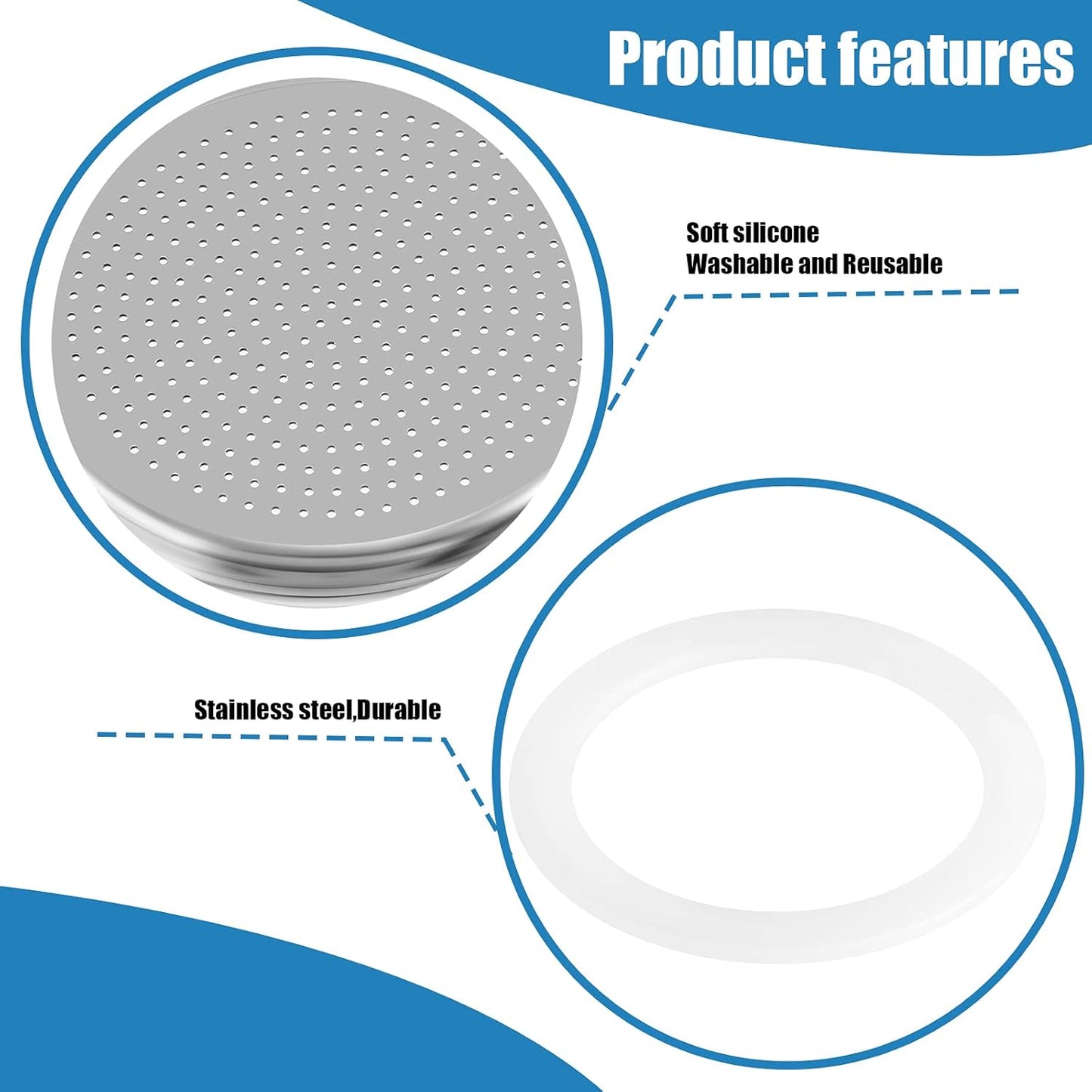 6 Pieces Moka Pot Replacement Cup Gasket with 2 Pcs Stainless Filter Silicone Moka Express Replacement Seals Funnel Kits Compatible Espresso Coffee Maker Parts(2-cup)