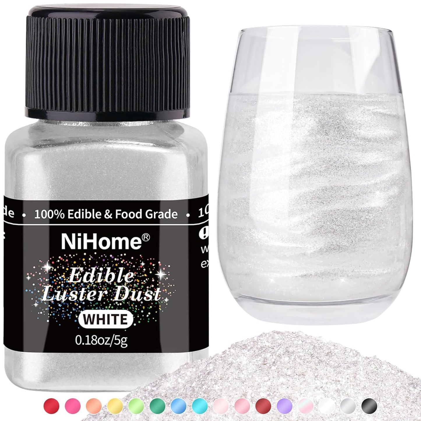 NiHome Edible Food-Grade Glimmer Powder Glitter Luster Dust Metallic Food Decorating Sprinkle Glimmery Dust for Drink Wine Beverage Cake Candy Dessert Bakery Restaurant Vegan (0.18oz/5g, White)