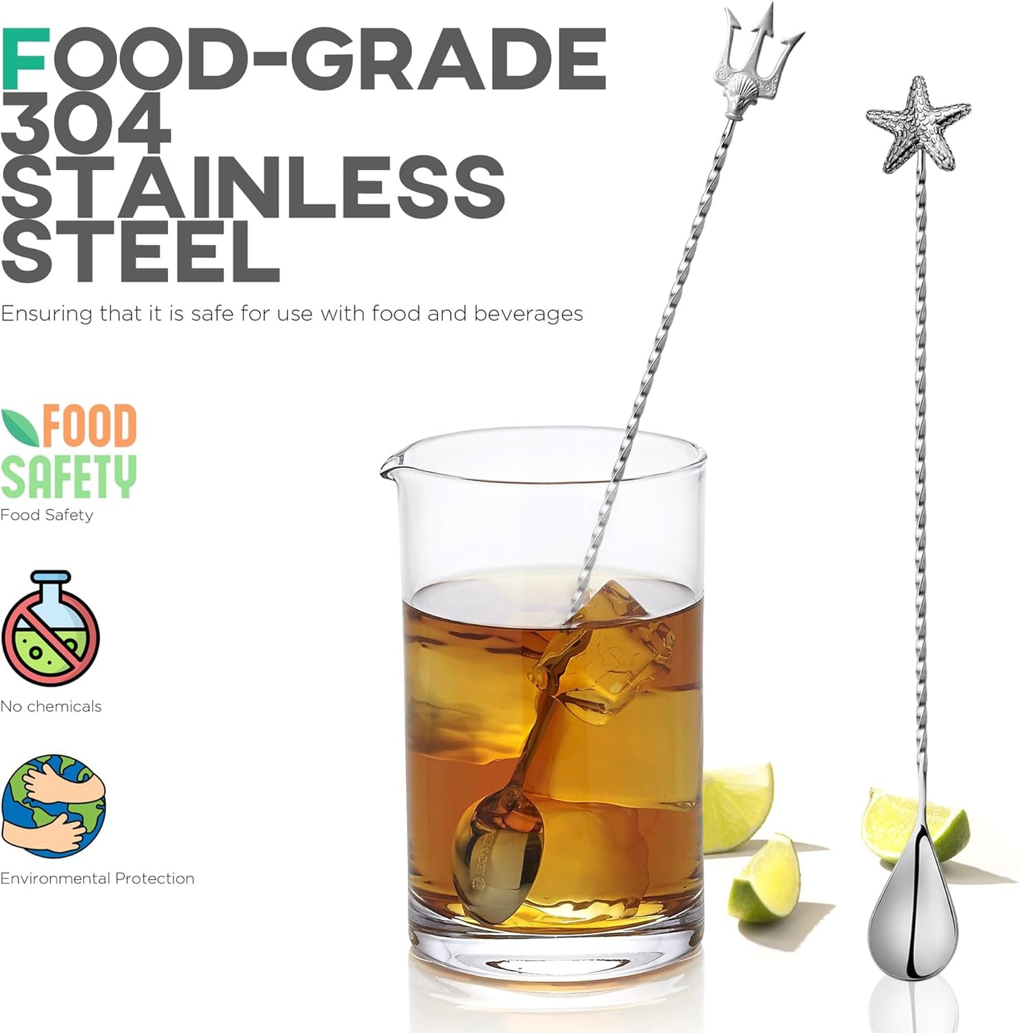 Homestia 12-Inch Ocean Series Bar Spoon, 304 Stainless Steel Cocktail Spoon for Layering Long Spiral Handle Mixing Spoon Stirrers for Drink, 2PCS Silver (Starfish and Trident)