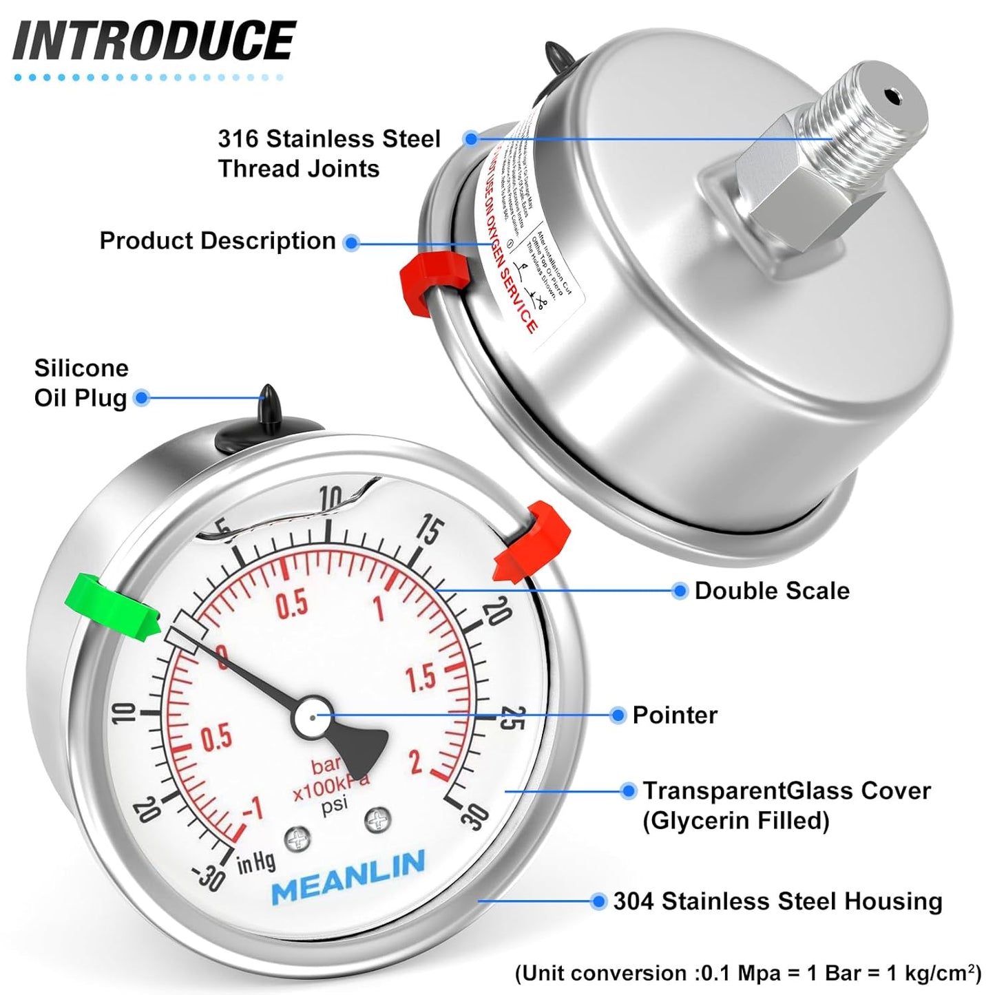 MEANLIN MEASURE -30inHG~30Psi Vacuum Pressure Gauge 316 Stainless Steel Joint 1/4"NPT 2.5"FACE DIAL, Liquid Filled Pressure Gauge WOG Water Oil Air Back Mount with Stainless Steel Hex Bushing, Snaps