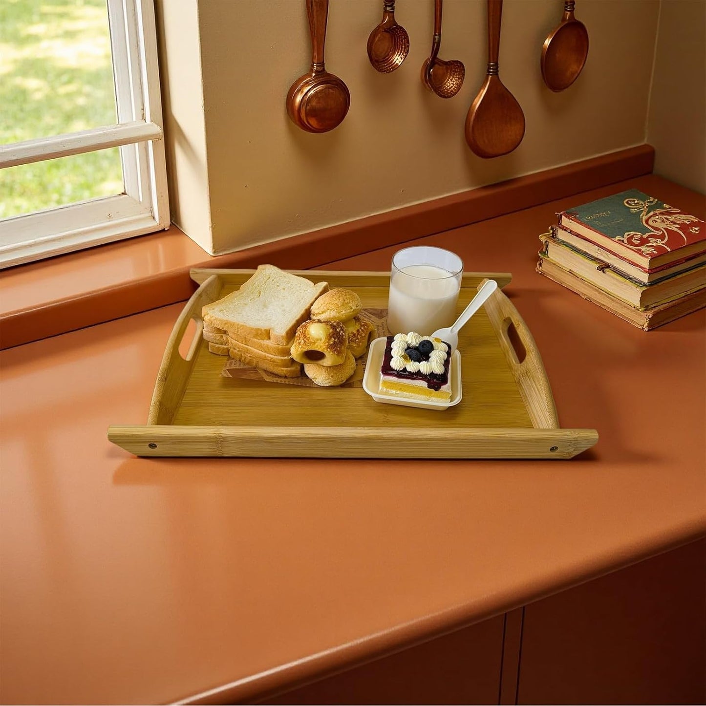 Bamboo Serving Tray Rectangle Platter Breakfast Dinner Food Bed Tray for Eating Kitchen Restaurants (1, 17.3" x 11.8" x 1.2" (with Handle))